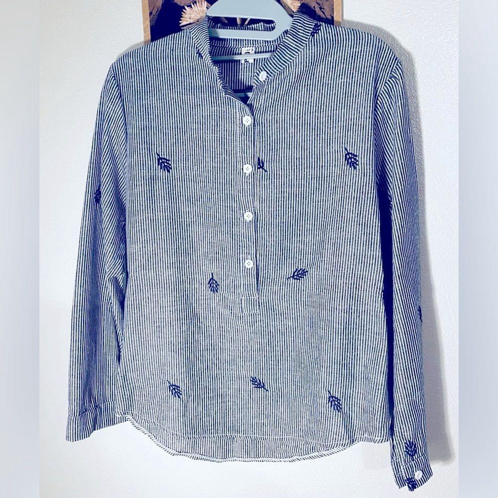 Petite Striped Long Sleeve Embroidered Shirt